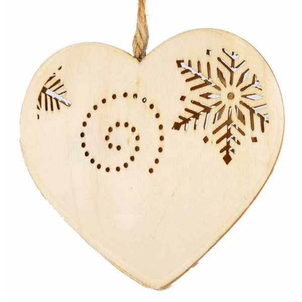 Χριστουγεννιάτικη Κρεμαστή Ξύλινη Καρδιά Μπεζ, 3D με Χιονονιφάδα και Σχέδια (10cm)